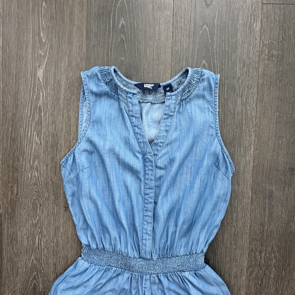 Lands End Blue Chambray Wide Leg 6P Jumpsuit Cottage Boho Resort Travel Coastal - Picture 3 of 11